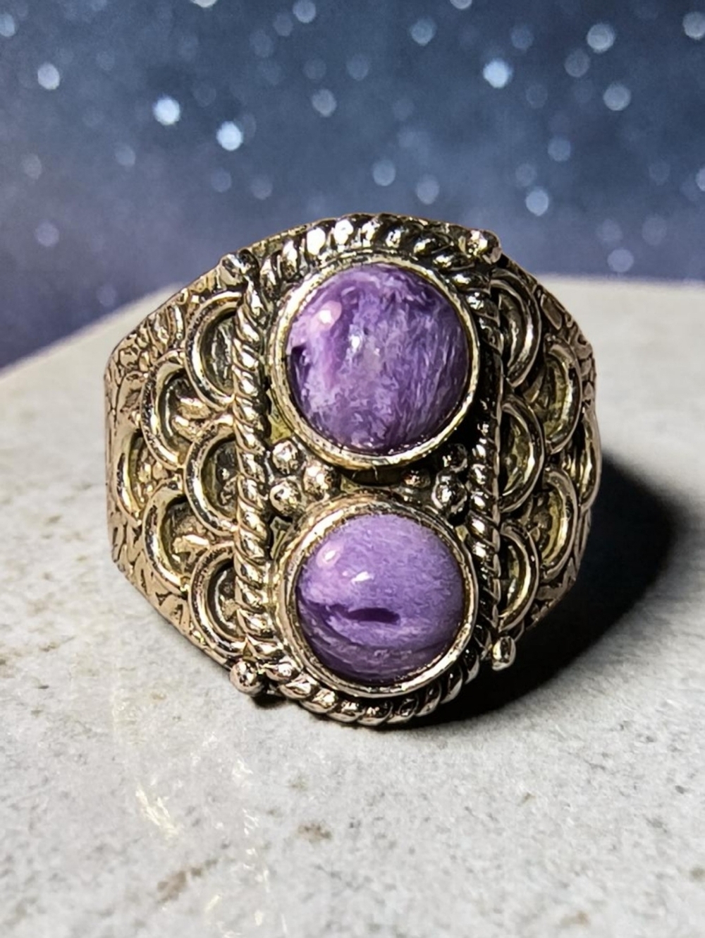 Natural Siberian Charoite And Sterling Silver Embellished Ring Brand New